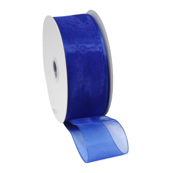Sapphire woven edge organza ribbon, 25mm wide and 50m long, perfect for elegant crafting and decorations.