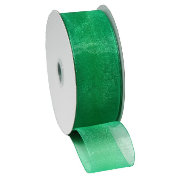 Emerald green woven edge organza ribbon, 40mm wide and 50m long, perfect for elegant gift wrapping and decor.