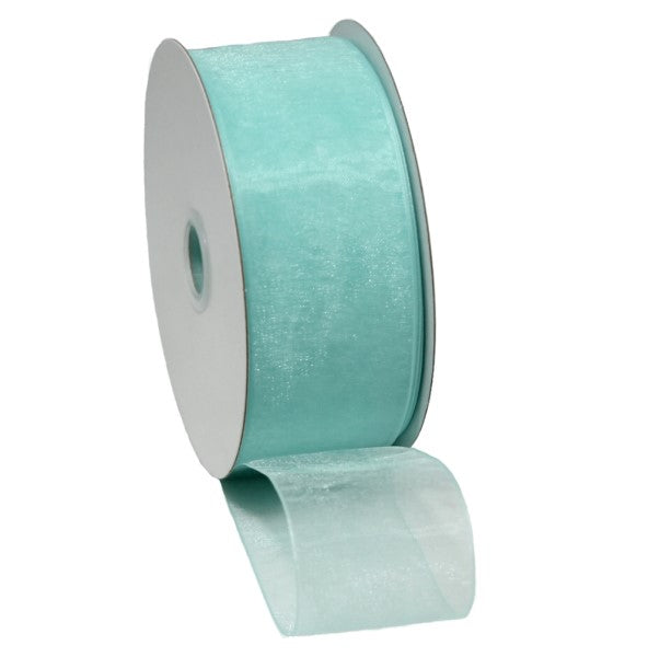 Pale sea green organza ribbon with woven edges, 40mm x 50m, perfect for crafting and decorating elegant projects.