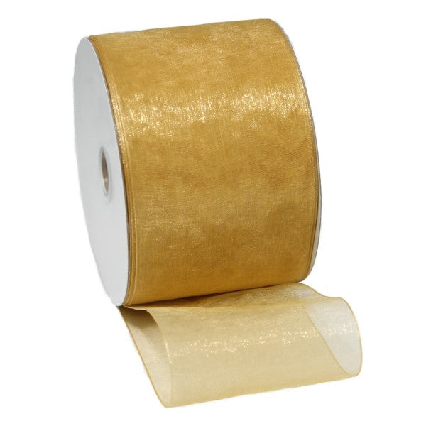 Luxurious 70mm gold organza ribbon with woven edges, ideal for elegant gifting and decor projects.