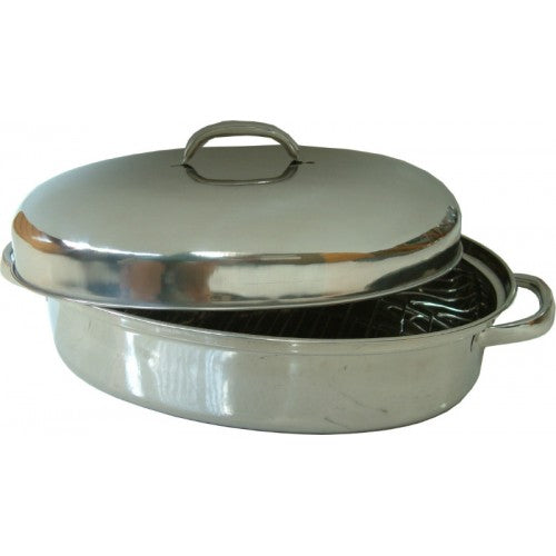 Stainless steel 36cm roaster with lid and rack, perfect for roasting meats and veggies with even heat distribution.