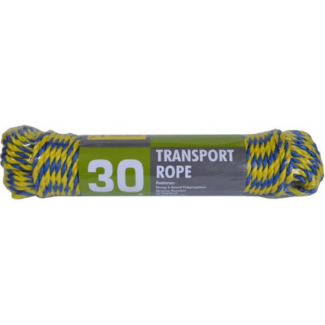 Xcel Blue and Yellow 5mm x 30m twisted polypropylene rope, durable and UV stable, perfect for outdoor and DIY projects.