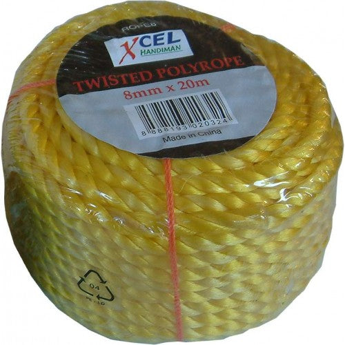 Durable 8mm x 20m twisted polypropylene rope in blue and yellow, perfect for various indoor/outdoor applications.