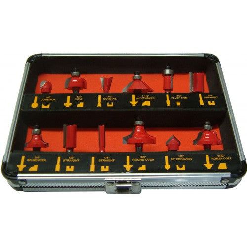 12-piece router bit set with tungsten carbide tips in a durable aluminum case, perfect for woodworking projects.