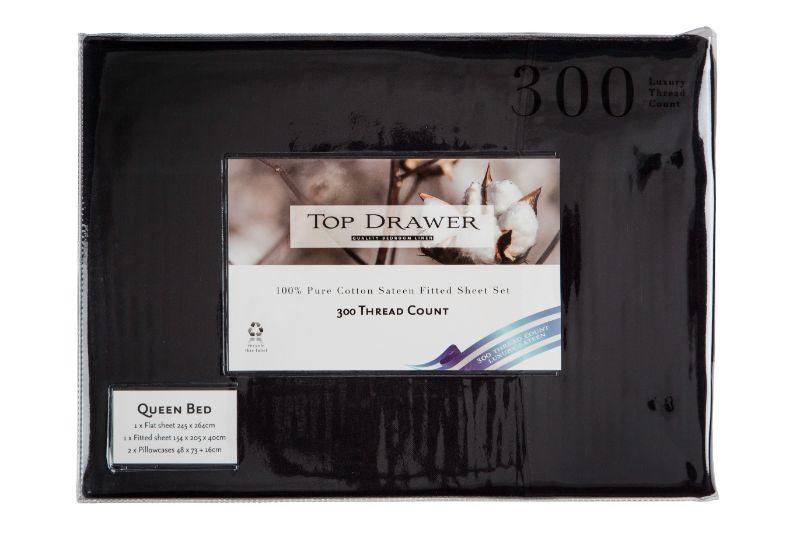 Luxurious black SUPER KING sheet set with 50cm drop, 300 thread count, 100% cotton for ultimate comfort.