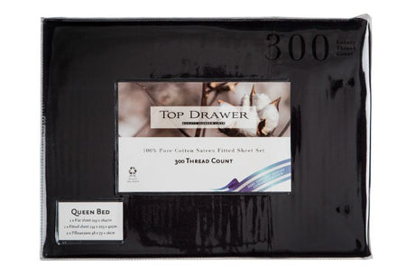 Luxurious black SUPER KING sheet set with 50cm drop, 300 thread count, 100% cotton for ultimate comfort.