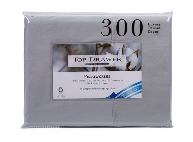 Luxurious 2-pack European pillowcases in Sateen Silver, 100% cotton, 300 thread count, for comfort and style.