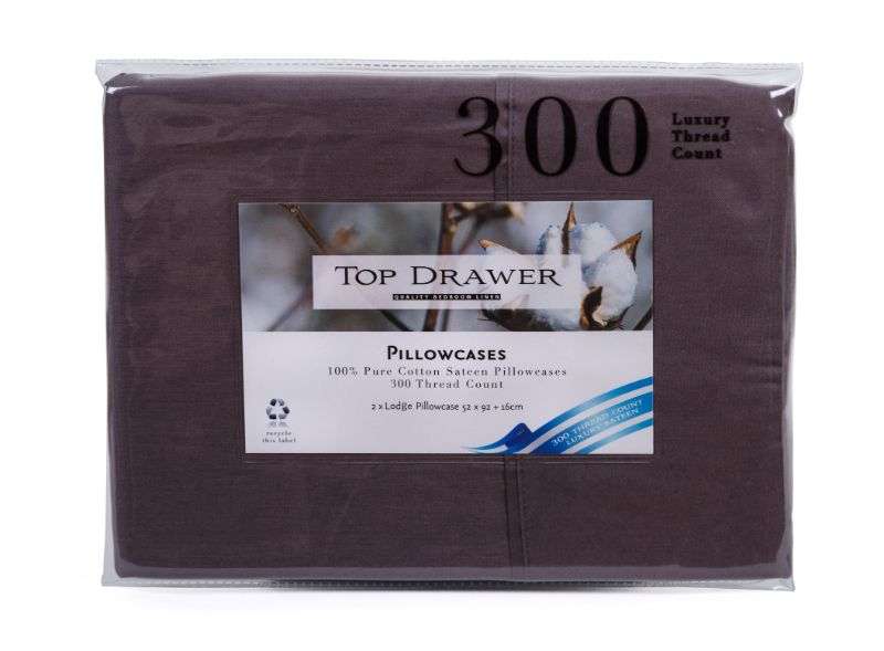 Lodge Pillowcase 2 Pack 100% Cotton Sateen Graphite - 300TC