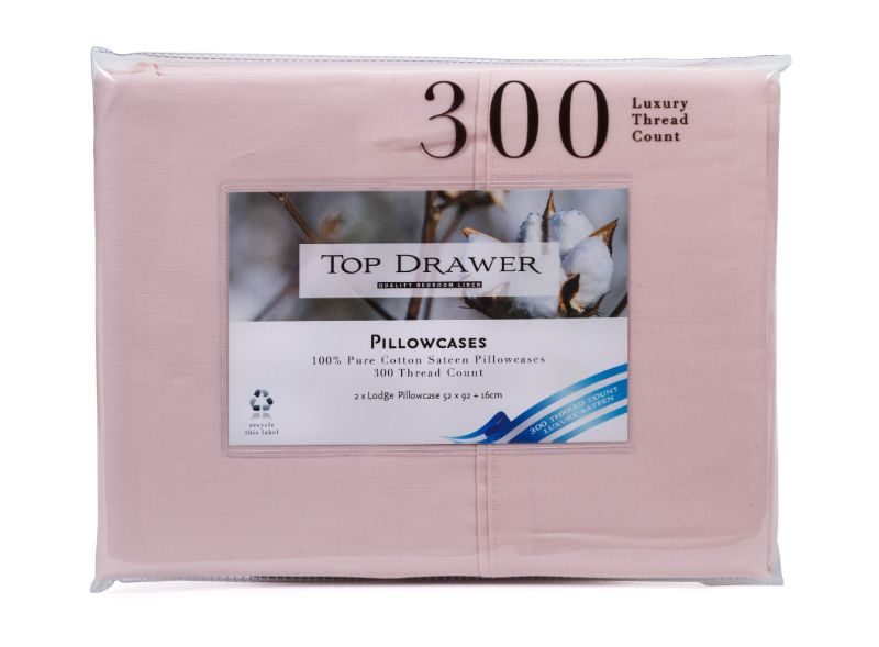 Lodge Pillowcase 2 Pack 100% Cotton Sateen Blush - 300TC