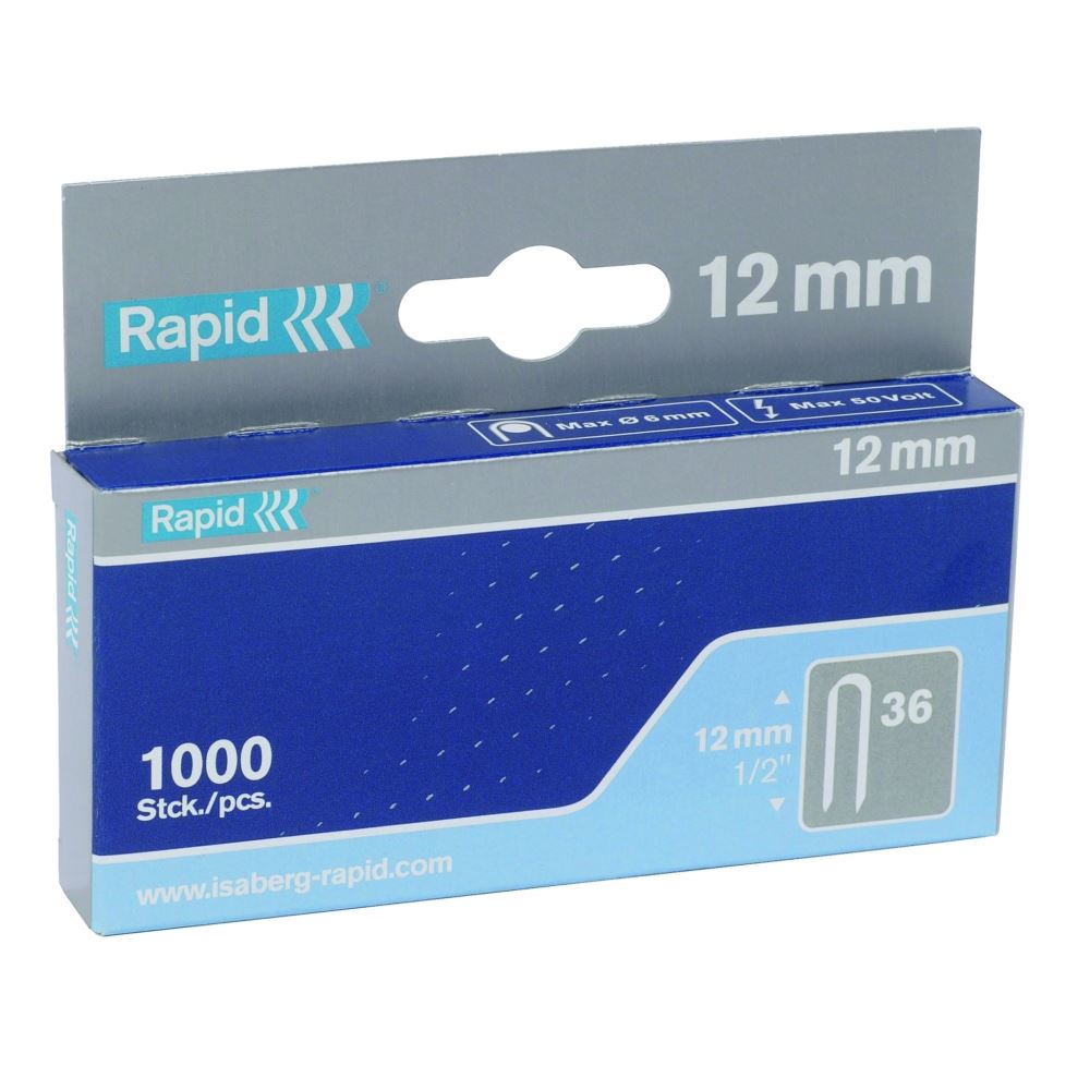 Box of 1000 Rapid 36/12 Mini staples, designed for R36 cable tacker with 12mm leg length and strong wire thickness.