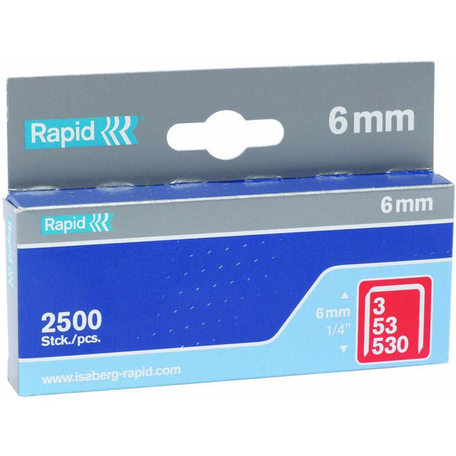 Box of 2500 Rapid 53/6 fine wire staples, 6mm leg, for reliable stapling in home and professional use.