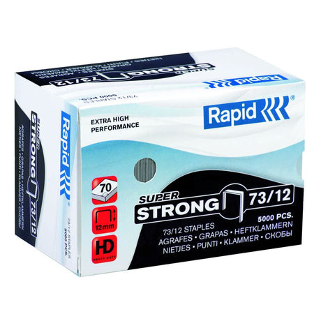 5000 Rapid Staples 73/12, 12mm leg, heavy-duty staples for binding up to 70 sheets with corrosion protection.