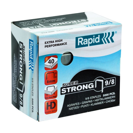 Rapid Staples 9/8, 5000 pcs pack, designed for heavy-duty stapling, 8mm leg length, durable and corrosion-resistant.