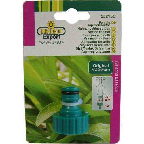 Durable plastic female tapnut for 3/4 inch hoses, ensuring reliable water flow and easy attachment for gardening tasks.