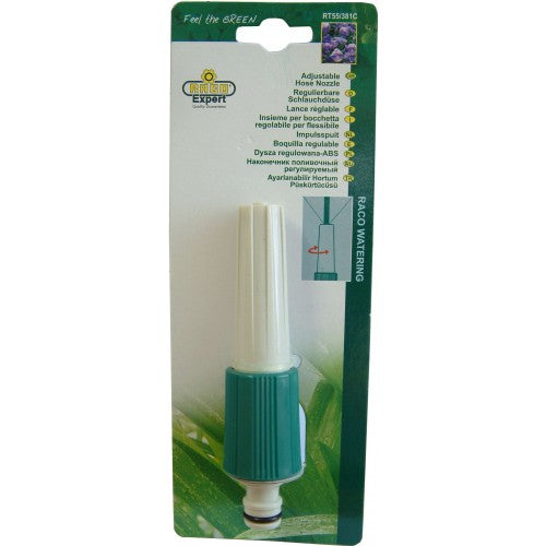 Raco RT55/381C Adjustable Hose Nozzle with ergonomic grip and multiple spray settings for versatile outdoor watering.