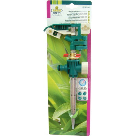 Raco Rt55/713c Impulse Sprinkler with Spike for efficient, customizable garden irrigation and stable setup.