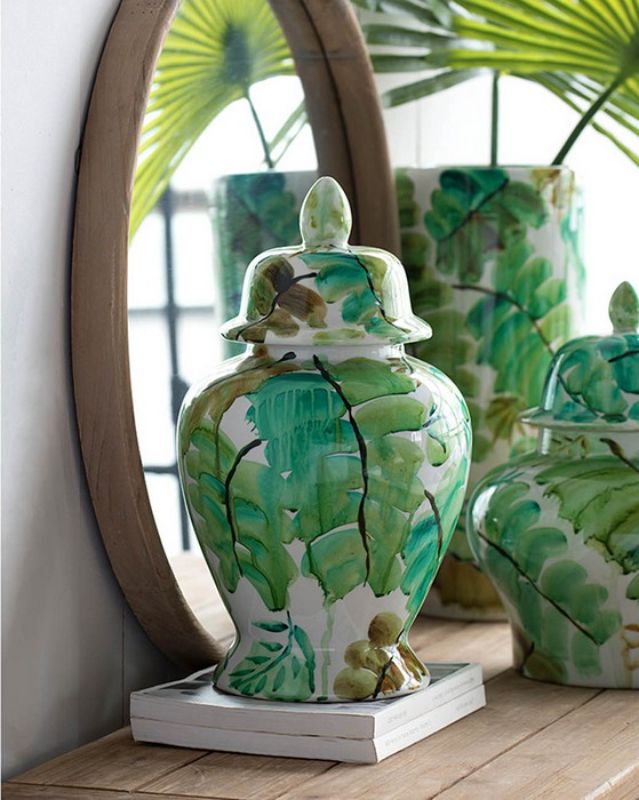 Green Leaves Ceramic Jar with Lid
