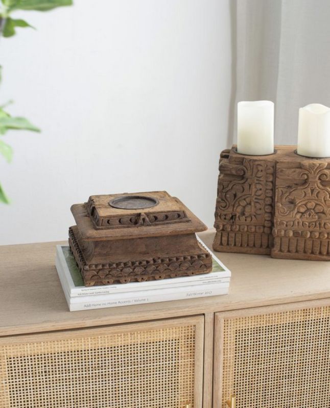 Antique Carved Pillar Candle Holder - 114cm