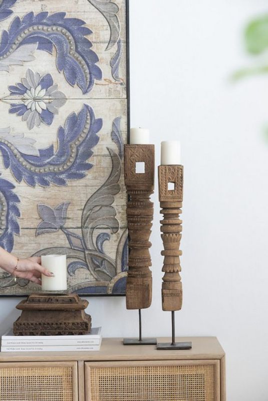 Antique Carved Pillar Candle Holder - 114cm
