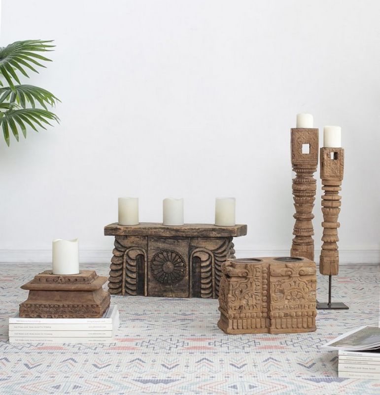 Antique Carved Pillar Candle Holder - 51cm