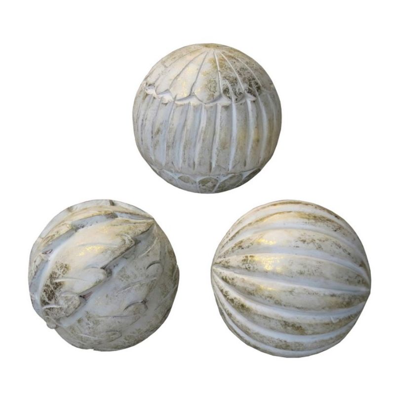 Carved Mango Wood Spheres Set of 3