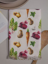 Colorful printed kitchen towel featuring mixed vegetables, 100% cotton with soft terry reverse and loop tag for easy hanging.