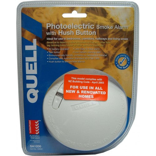 Quell Photoelectric Smoke Alarm 307 with hush and test buttons for improved fire safety in bedrooms and hallways.