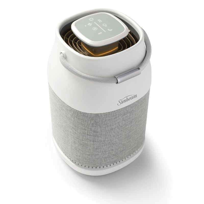 Fresh Protect™ Air Purifier in sleek white, features 360° air intake, UV light, True HEPA filter, and customizable settings.