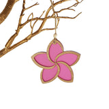 Pink satin hanging ornament featuring intricate frangipani designs, made from laser-cut bamboo and acrylic, 103mm size.