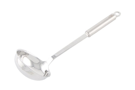 Premium stainless steel soup ladle, 31cm long, elegantly designed for easy serving and dishwasher safe for convenience.