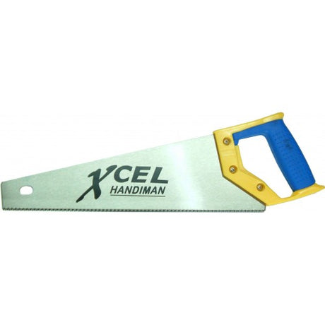 Toolbox Saw Xcel Hardpoint 14-inch with blue and yellow handle, designed for precision cutting and comfort in hand.