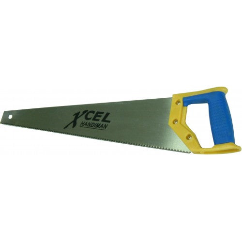 Handsaw Xcel Hardpoint 22" with a yellow and blue handle, featuring 8-point teeth for precision cutting and ergonomic grip.