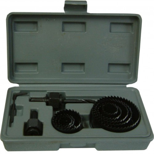 11-piece hole saw kit with sizes 19-64mm, perfect for clean cuts in wood and plastics, includes mandrills and carry case.