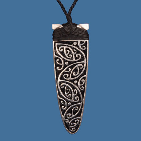 Silver plated Maori Toki pendant, 100mm tall, handcrafted with a traditional design, symbolizing strength and resilience.