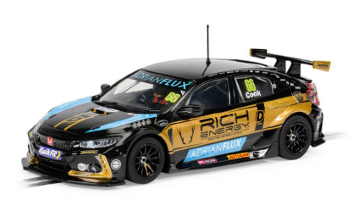 Scalextric Honda Civic FK8 Type R '22 model with black and gold livery, designed for thrilling BTCC slot car racing.