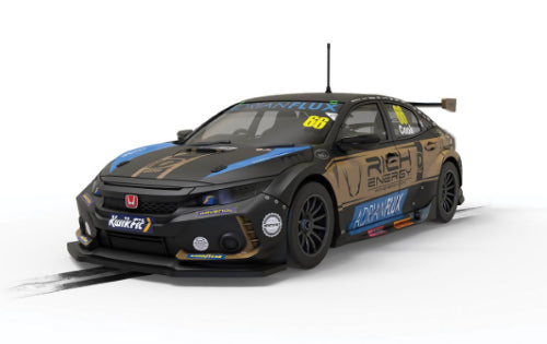 Scalextric Honda Civic FK8 Type R BTCC '22 model in black and gold livery, inspired by Rich Energy sponsorship.