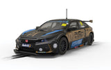 Scalextric Honda Civic FK8 Type R BTCC '22 model in black and gold livery, inspired by Rich Energy sponsorship.