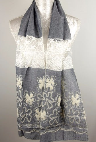 Lace And Embroidery Scarf - DENIM