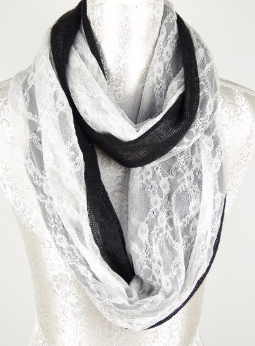 Lace On Knit Infinity Scarf - Black