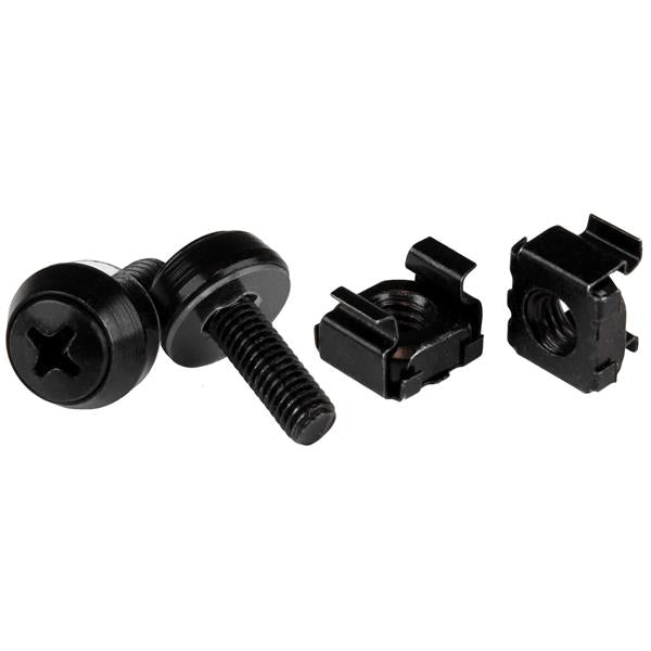 M5 x 12mm black screws and cage nuts for secure rack mounting, TAA compliant, includes installation tool, 100-pack.
