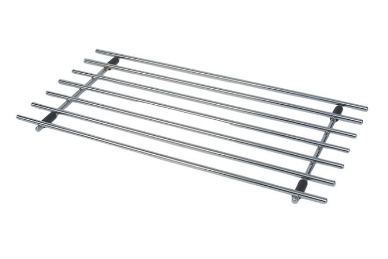 Stylish 44x24cm chrome trivet protects surfaces from heat and stains, perfect for hot cookware and easy to clean.