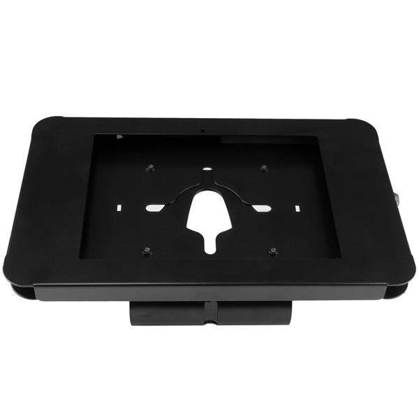 Lockable steel tablet stand for iPad, secure for desk or wall, ideal for business and education environments.