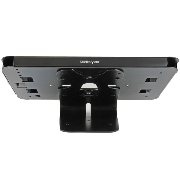 Lockable steel tablet stand for iPad, ideal for secure desk or wall mounting in business and educational settings.