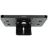 Lockable steel tablet stand for iPad, ideal for secure desk or wall mounting in business and educational settings.