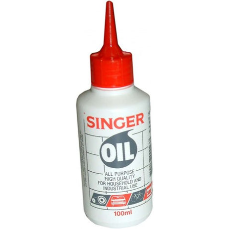 Singer Sewing Machine Oil 100ml for optimal lubrication and maintenance of sewing machines and tools.