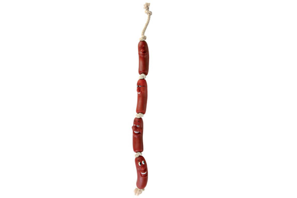 Dog Toy (Squeaky Latex & Vinyl) - Sausage Chain With Rope 75cm