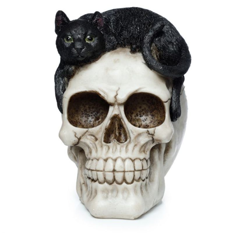 Ornament - Skull with Black Cat (15cm)