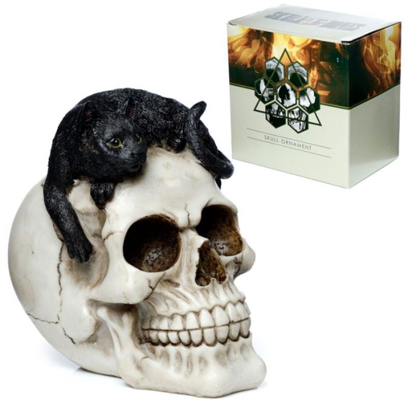 Ornament - Skull with Black Cat (15cm)