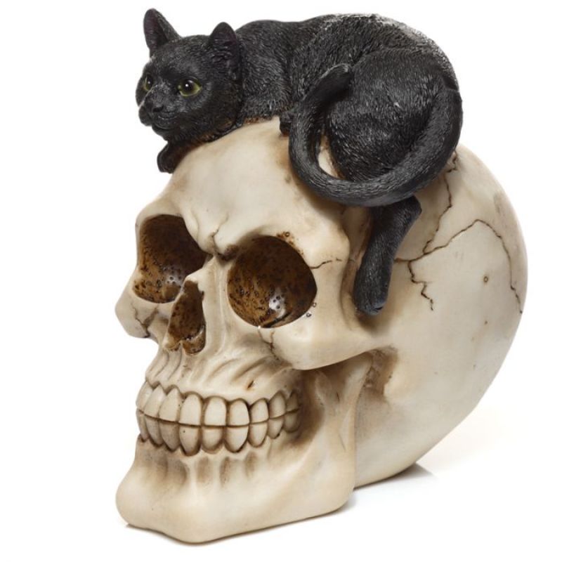 Ornament - Skull with Black Cat (15cm)
