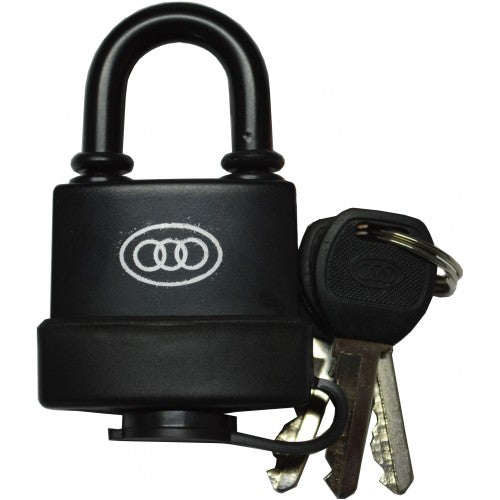 Durable 38mm waterproof padlock case for secure outdoor storage, features robust shackle and comes with 2 keys.